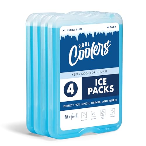 Cool Coolers by Fit & Fresh 4 Pack XL Slim Ice Packs, Quick Freeze Space Saving Reusable Ice Packs for Lunch Boxes or Coolers, Blue, 239ICE, 4 count (Pack of 1)