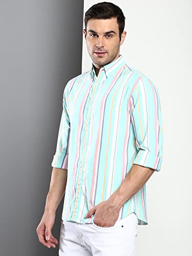 Image of Dennis Lingo Men's Striped Slim Fit Oxford Cotton Casual Shirt with Button Down Collar & Full Sleeves