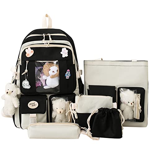Sac à dos Kawaii noir lot de 5 grand sac scolaire et trousse assortie