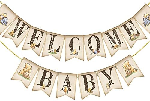 Classic Winnie Bunting Banner Welcome Baby Hanging Decorations Kids 1st Birthday Banner Cute The Pooh Baby Shower Decorations First Birthday Party Favors Supplies