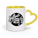 AYUEHBN Taza de porcelana de cerámica con letras de pelota de softbol, juego deportivo, vive, ama y juega (320 ml), apta para lavavajillas y microondas, para la oficina y el hogar, color amarillo