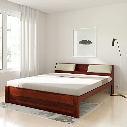 Image of Solid Wood Cazz King Size Bed with Headboard Storage | Palang Cots Wooden Double Beds for Bedroom, Living Room, Hotel and Home (Honey Finish)