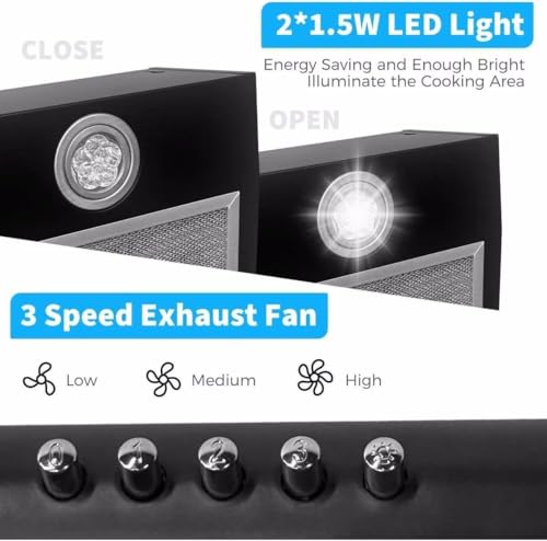 شفاط مطبخ ادامور مقاس 60 سم - شفاط ستانلس ستيل أسود يوضع تحت الخزانة مع مروحة عادم بسرعة 1700 دورة في الدقيقة - شفاط نحيف لموقد الطبخ مقاس 60x60 - ضوء LED بثلاث سرعات وفلتر كربون (بدون مجرى هواء أو مع