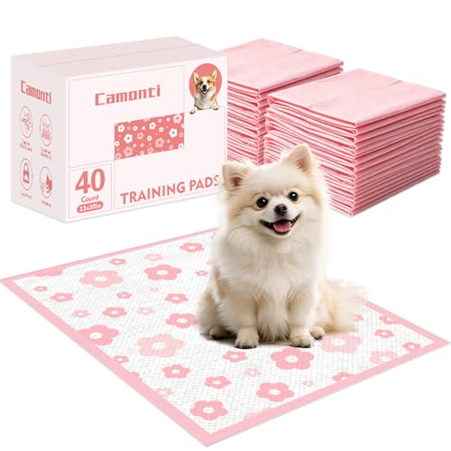 Camonti Pink Floral Dog Pee Pads 23x30 40 Count Leak-Proof Puppy Pads for Potty Training Quick-Dry & Adhesive Tabs Cute Flower Print for Small/Medium Dogs with Attractant