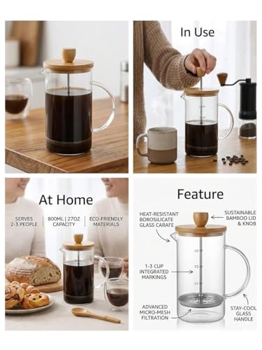 Image of Glass French Press Coffee Maker-Heat-Resistant Borosilicate Glass with Eco-Friendly Bamboo Lid & Wood Knob - Manual Coffee & Tea Brewer with Measurement Markings & Stainless Filter