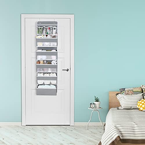 KEEGH Over Door Hanging Storage Over The Door Organiser 5 Large Compartments with Window 3 Clear Pockets Foldable Hanging Storage For Diaper, Towels And Toys. Grey