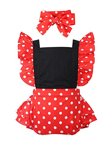 Tiaobug Infant Baby Girls Ruffled Romper Outfits Red Polka Dots Clothes Set Shirt Bodysuit Bloomers And Headband Set 2Pcs Red 18-24 Months #TOP16