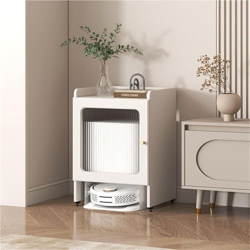 Smart Robot Vacuum Storage Cabinet, Self-Emptying Sweeper Rack with Tempered Glass Door, Compact Organizer for Living Room – Stylish White Design, Space-Saving Solution