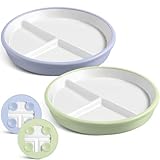 Domensi 2 Pcs 8" Large Porcelain Kids Plates with Anti-slip Silicone Sleeve Ceramic Divided Plate with Suction for Toddler Eating Microwave Dishwasher Friendly (Blue,Green)