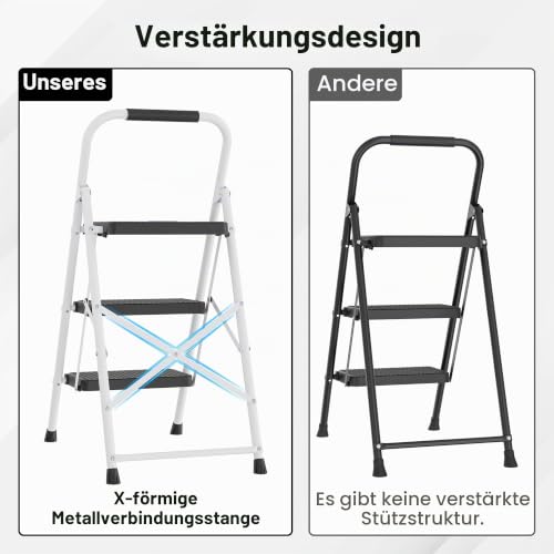 BONTEC Trittleiter 3 Stufen Klappbar, 150 kg Kapazität, Stahl, Weiß