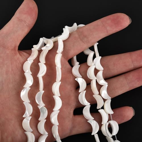 Image of HAAMIIQII Natural White Mother of Pearl Shell Beads 8x12mm Moon Shape Semi Precious Stone Loose Gemstone Beads for Jewelry Making Strand 15 Inch (30-32pcs)