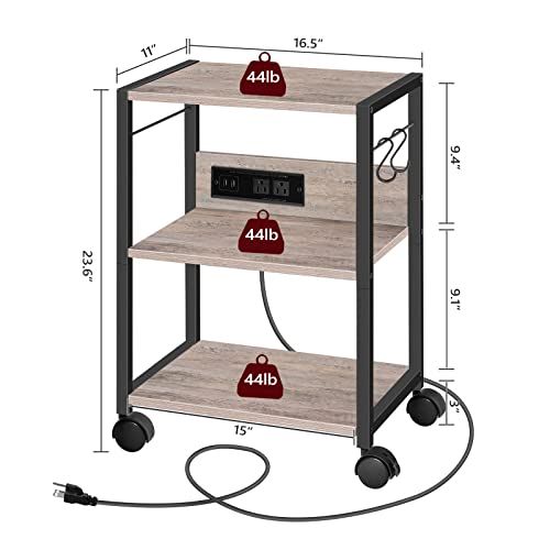 MAHANCRIS Industrial Printer Cart, 3-Tier Mobile Printer Stand, Rolling Cart with Power Outlets and USB Ports, Home Printer Stand with 2 Hooks, for Office, Living Room, Greige PTHG40E01 by MAHANCRIS - Image 5