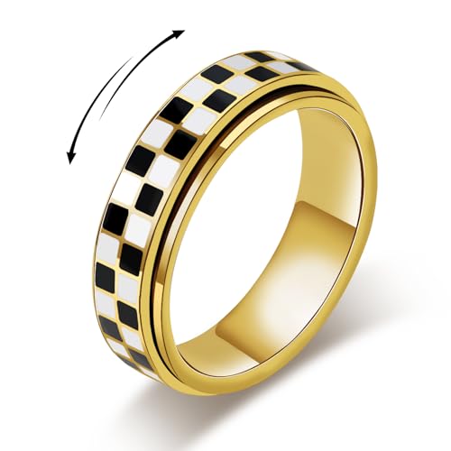 Checkered Fidget Ring for Adults - 18K Gold Plated Stainless Steel Rotating Spinner Jewelry Anxiety & Stress Relief Gift for Women/Men (Black and White Pattern) (Checkerboard Ring_Gold size 8)