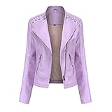 TOKYMOON Lederjacke Damen Kurz Bikerjacke Reverskragen Reißverschluss Motoradjacke PU Leder Jacke Übergangsjacke für Frühling Herbst Kurz Moto Biker Mantel Mode Lederjacke Damen Hellrosa XL