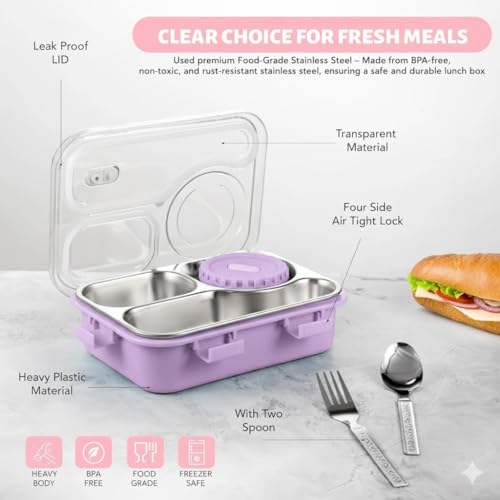 Image of Sanghariyat Lunch Box 3 Compartment Out Side-Leak-Proof BPA Free Stainless Steel, Lunch Box for Girls, Lunch Box for School with a Fork, a Spoon and a Pair of Chopsticks 750 ml (Purple)