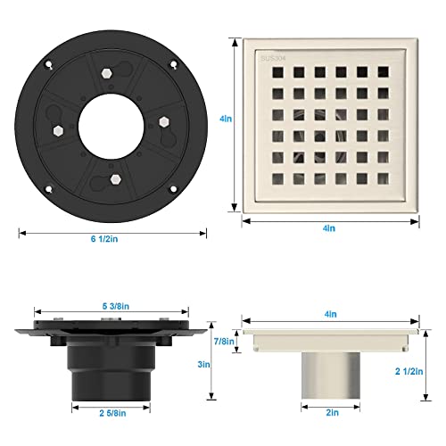 Tvane 4 Inch Square Shower Drain With Flange Removable Quadrato Pattern Grate, Brushed 304 Stainless Steel, Includes Floor Drain Base Hair Strainer,Brushed Nickel #TOP2
