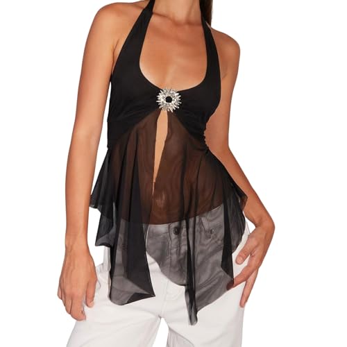 Women Halter Top Y2k Flowy Sheer Mesh Split Hem Backless Going Out Tank Top Festival Clubwear