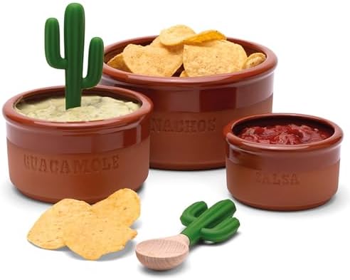 Monkey Business Bowlero Dipping Bowls Set, Terracotta Serving Bowls With 3 Dipping Sauce Bowls And 2 Dip Spoons, Decorative Mexican Serving Bowl Set For Guacamole Salsa BBQ Soy Sauce Mexican Dips
