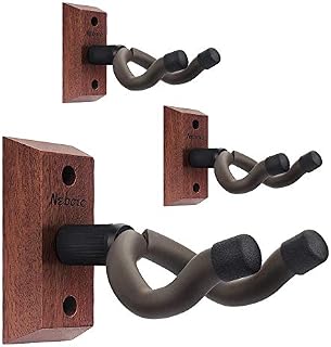 Neboic 3 Pack of Guitar Hanger, Guitar Wall Mount Display Bracket with Soft Padded Guitar Holder, Hard Wood Base Guitar Wall Hooks for All Bass Electric Acoustic Guitar Ukulele -Black Walnut