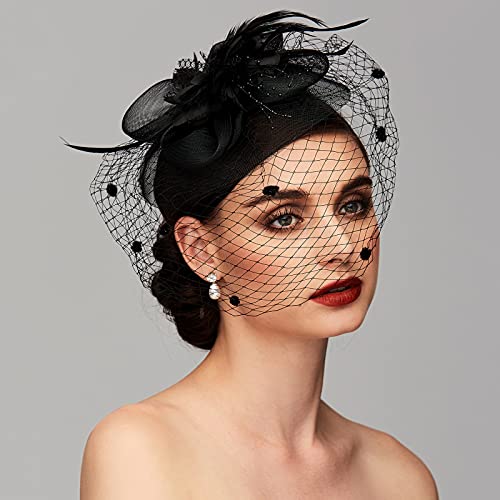 Ts Women's Fascinators Hat Mesh Floral Feather Hair Clip Fascinator Headwear With Veil For Wedding Cocktail Tea Party Or Special Occasion (Black) #TOP1