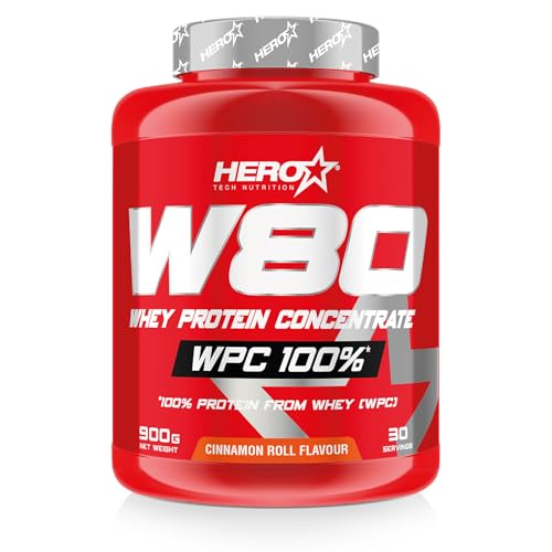 HERO TECH | W80 WHEY PROTEIN | Concentrado Proteína de Suero | Mejores entrenamientos | Aumenta la Recuperación y Crecimiento Muscular (900 gr, Rollo Canela)