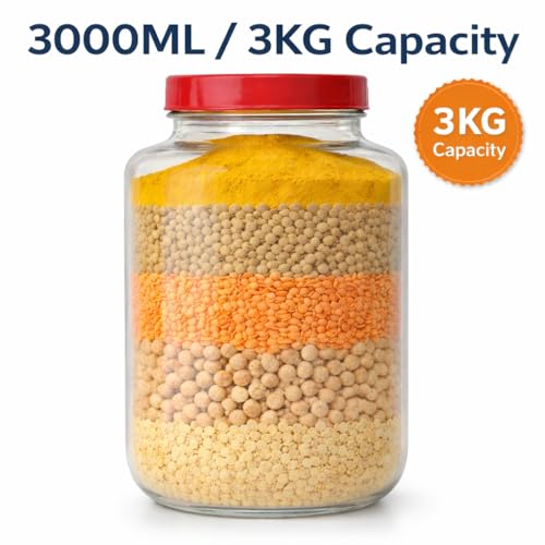 Image of 3000ml (3KG) Glass Storage Jar Pack of 2 with Airtight Red Lid - Large Kitchen Containers for Rice, Atta, Dal & Dry Fruits - Heavy Duty Transparent Glass