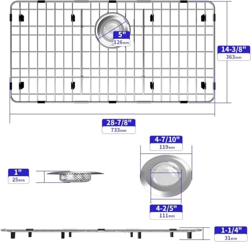 Large Sink Protector for Kitchen, Metal Sink Bottom Grid 28.9" X 14.3", Stainless Steel Kitchen Sink Grate with Rear Drain Hole, Kitchen Sink Rack with Strainer for Single Bowl by MIYUPTC - Image 2