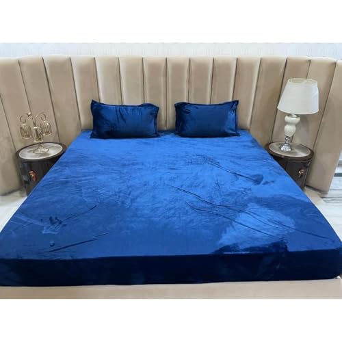 Image of Premium Velvet Solid Woollen Elastic Fitted Bedsheets for Double Bed Queen Size (Size 234 x 254 Cms), with 2 Pillow Covers Elastic, Covers (46 x 68 Cms) (Navy Blue)