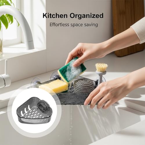 2 Pcs Suction Cup Sink Corner Rack for Kitchen Sink, Transparent Black Sink Strainer Basket with Drainage Holes, Space Saving Corner Shelf, Easy to Install, Kitchen Sponge Holder Set - Image 2