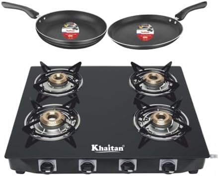 Khaitan 4 Burner Active Forge Black Toughened Glass Top Gas Stove with HindFlame Non-Stick Fry Pan (23 cm) & Dosa Tawa (25 cm) Combo Set, ISI Certified, 1 Year Manufacturer's Warranty