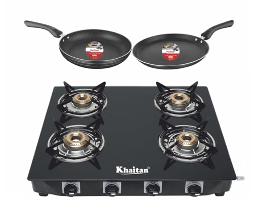 Khaitan Gas Stove Combo - One 4 Burner Active Forge Black Toughened Glass Gas Stove + 1 unit HF Dosa Tawa 250 mm + 1 unit HF Fry Pan 230 mm