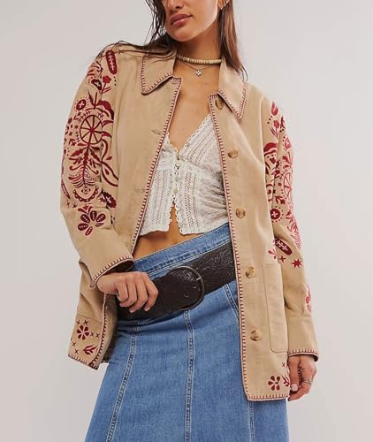loveimgs Women Boho Retro Embroidered Jackets Lapel Button Up Shirt Faux Suede Jacket Y2k Outwear Coat Pocket Western Shacket2