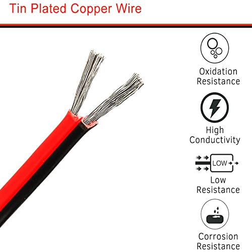 24 Gauge Wire (24 AWG) - 32 Foot 2 Pins Tinned Pure Copper Electrical Wire, 2468 80℃ 300V Hookup Red Black Copper Stranded Auto 2 Cord Flexible Extension Cable for LED Ribbon Lamp Light