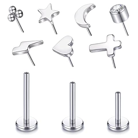 Oveta Threadless Cartilage Helix Earlobe Tragus Earrings for Women Titanium Labret Monroe Ashley Medusa Piercing Jewelry 18G, Multiple Top Ends Cover