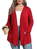 ZHUHOUSE Plus Size Cardigan for Women Lightweight Long Sleeve Fall Trendy Cover ups Drape Shrugs with Pockets(Red,XX-Large)