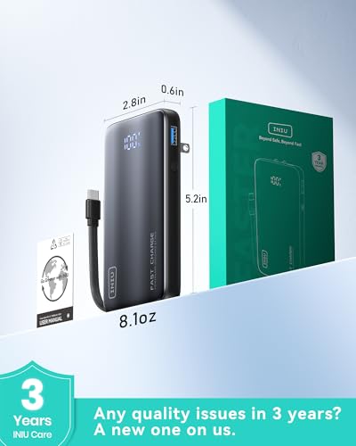 INIU 3-in-1 Portable Charger, 45W 10000mAh Fast Charging Power Bank, Built-in USB C Cable & Foldable Wall Plug, Travel Essentials, Battery Pack for iPhone 17 16 15 Series, Samsung, MacBook, etc. Pink - Image 7