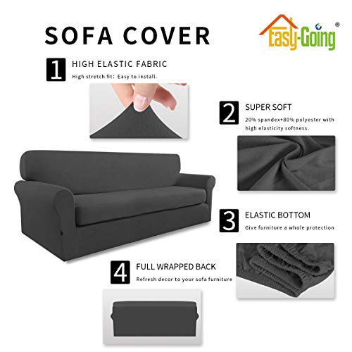 Easy-Going 2 Pieces Microfiber Stretch Sofa Slipcover – Spandex Soft Fitted Sofa Couch Cover, Washable Furniture Protector With Elastic Bottom Kids,Pet （Sofa, Dark Gray） #TOP3