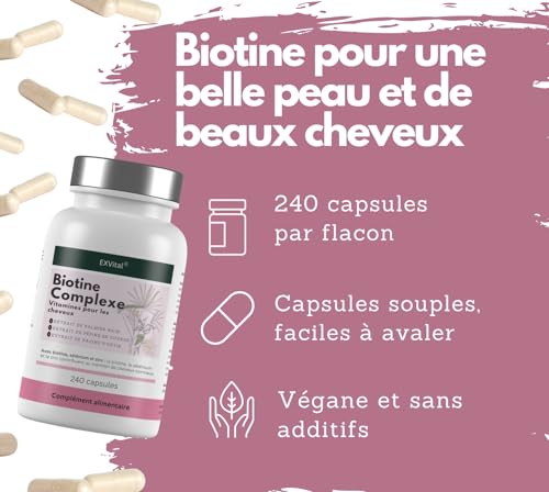 EXVital Biotine Complexe, Vitamines pour les cheveux, Avec extraits de palmier nain, de pépins de courge et de racine d’ortie, 240 capsules véganes, enrichies en sélénium et zinc, testé en laboratoire – vue 3