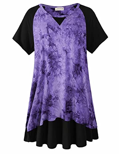 LARACE Womens Plus Size Top Short Sleeve Color-Blocked Tunic (Purple/Bla L)