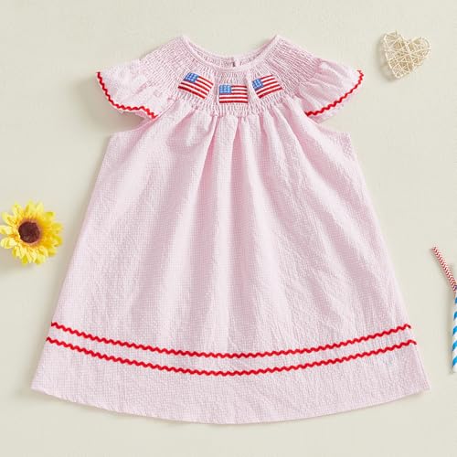 Toddler Girl 4th of July Dress Plaid American Flag Embroidery Fly Sleeve Smocked Dress Infant Patriotic Clothes2