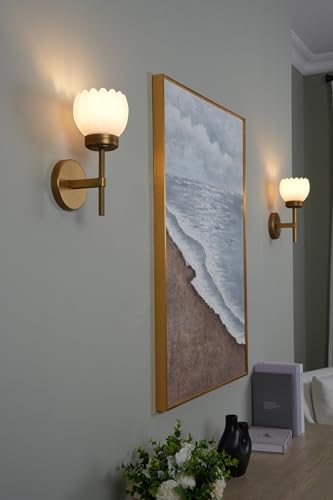 Image of Yosoan Brass Boho Indoor Vintage Wall Sconce Set of 2, Modern Vanity Gold Industrial Hardwired Wall Mounted with Milk Transparent Tulip Flower Shade for Living Room Bedroom Kitchen Hallway(Antique)