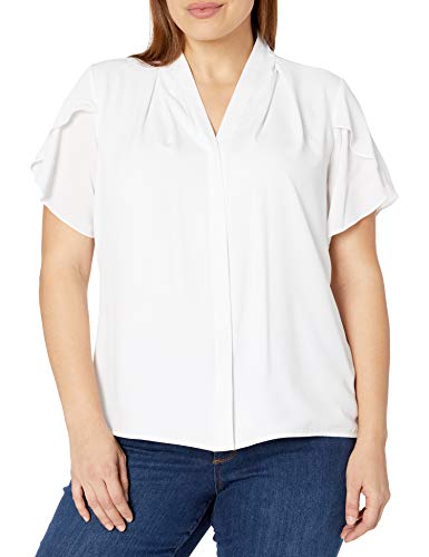 Calvin Klein Women's Plus Size Short Sleeve V-Neck Top, White, 1X