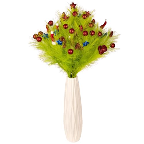 YUGALI 6pcs Faux Christmas Pampas Grass Décor 36”/3ft Large Artificial Fluffy Floral Branches Tall Lime Green Grinch Xmas Tree Filler Topper Boho Home Indoor Arrangement Decoration for Floor Vase