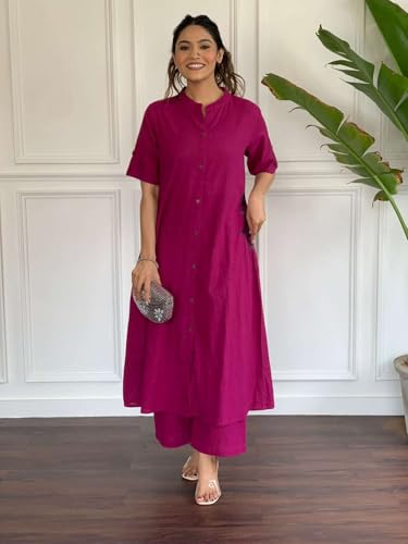 Image of Women's Cotton Embroiderd Long A-Line Kurti with Palazzo
