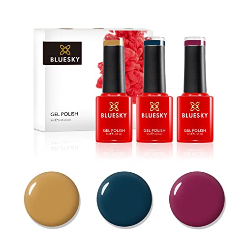 BLUESKY Gel Nail Polish Set, Warm Me Up, FW01 - Vienna, WR01 - Chai Tea, A057 - Winter Sky, Mustard, Yellow, Blue, Ocean, Dark Red (Requires Curing Under UV or LED Lamp), 15 ml (Pack of 1)