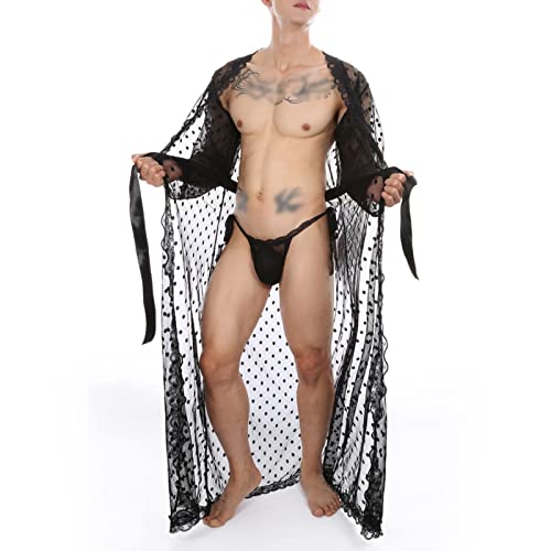 Men Long Sleeve Lace Bathrobes Nightwear Mesh Fishnet Kimono Robes G-String Thong Sleepwear Pajama Set (Black,Xx-Large) #TOP3