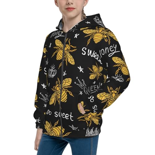 Hohey Bee Golden Embroidery Kids Pullover Hoodies Boys Zip Up Sweatshirts Girls Athletic Clothes with Pocket