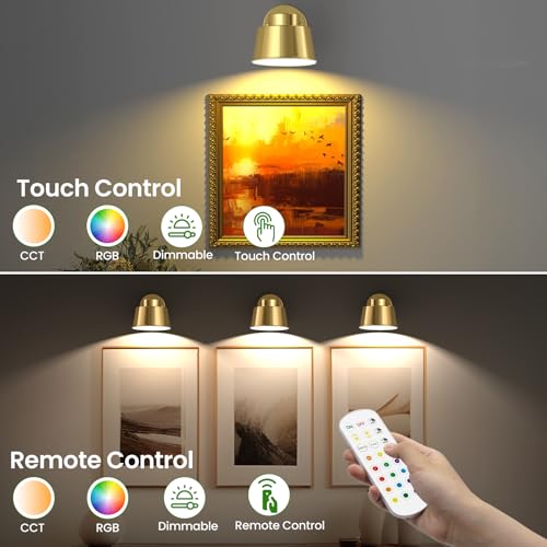Image of AIBOO Art Display Lights, Picture Lights Rechargeable Gold, Color Changing & Dimmable with Remote LED Rotatable Wall Lights for Pictures, Paintings, Portraits, Artworks (2 Pack)