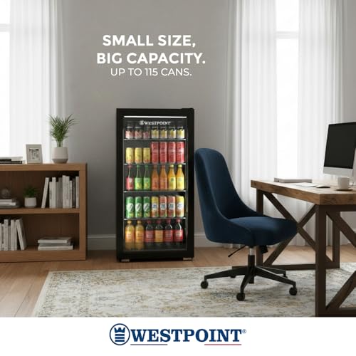 ويستبوينت مبرد مشروبات سعة 120 لتر، سعة تخزين 115 علبة، زجاج مقسى مزدوج مع باب شفاف، ضوء LED، 4 رفوف سلكية، مروحة تبريد، مناسب لزجاجات المشروبات والعلب والحلويات WBCX-1025E