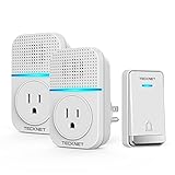 TECKNET Wireless Doorbell Chimes Kit for Home long range Waterproof DoorBells with Self Powered Push Button & 2 Plug in chimes with Extra Socket, 5 Volume Levels & LED Flash